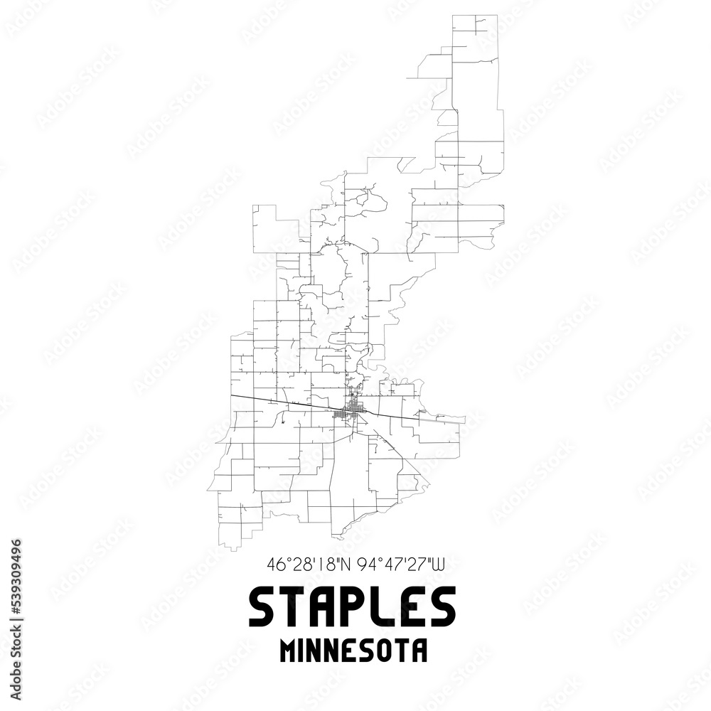 Staples Minnesota. US street map with black and white lines.