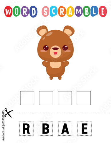 Bear Word scramble . Educational game for kids. English language spelling worksheet for preschool children.