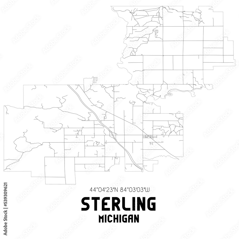 Sterling Michigan. US street map with black and white lines.
