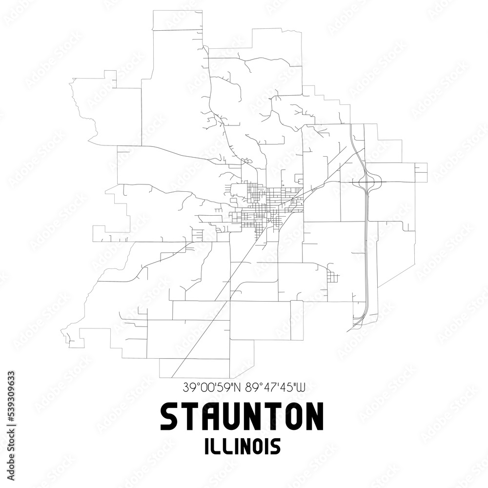 Staunton Illinois. US street map with black and white lines.