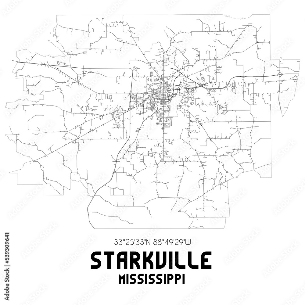Starkville Mississippi. US street map with black and white lines.