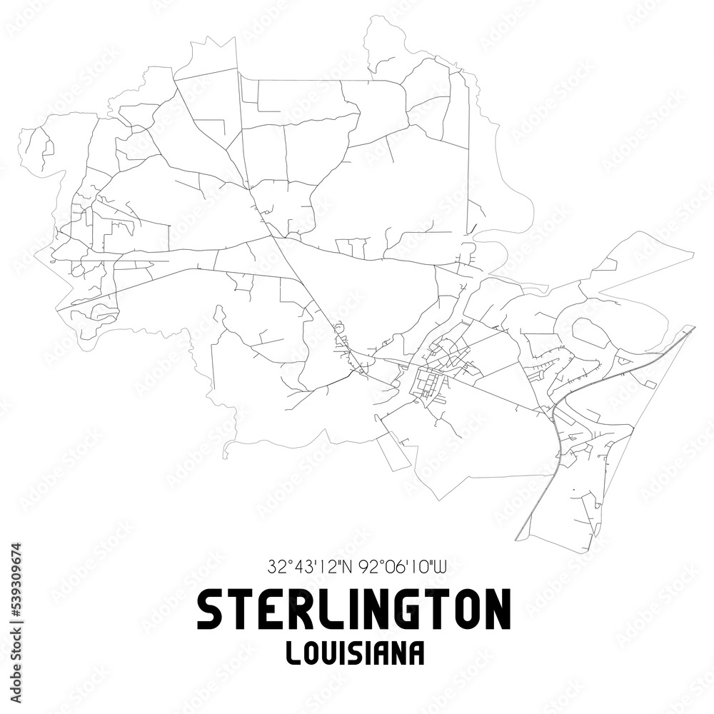 Sterlington Louisiana. US street map with black and white lines.