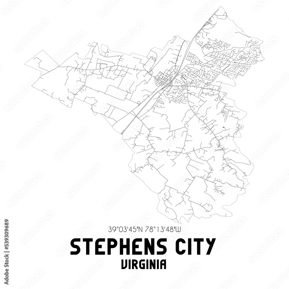 Stephens City Virginia. US street map with black and white lines. Stephens City Virginia. US street map with black and white lines.