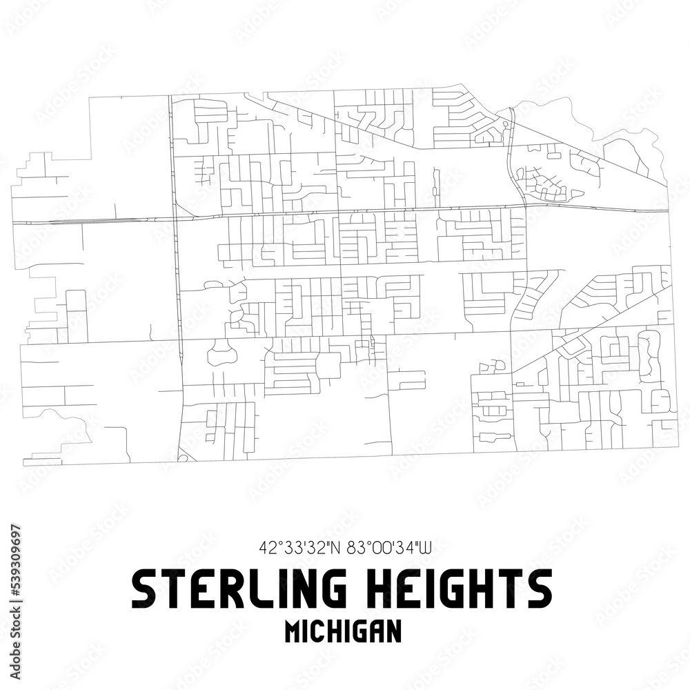 Sterling Heights Michigan. US street map with black and white lines.