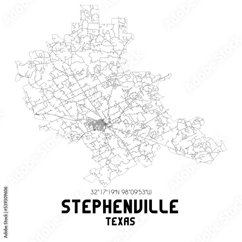 Stephenville Texas. US street map with black and white lines.