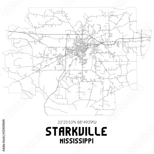 Starkville Mississippi. US street map with black and white lines.