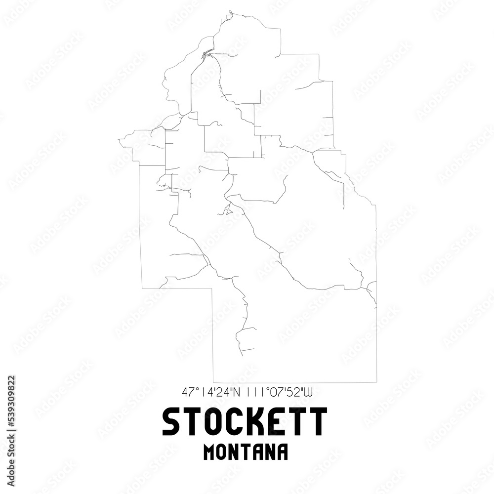 Stockett Montana. US street map with black and white lines.