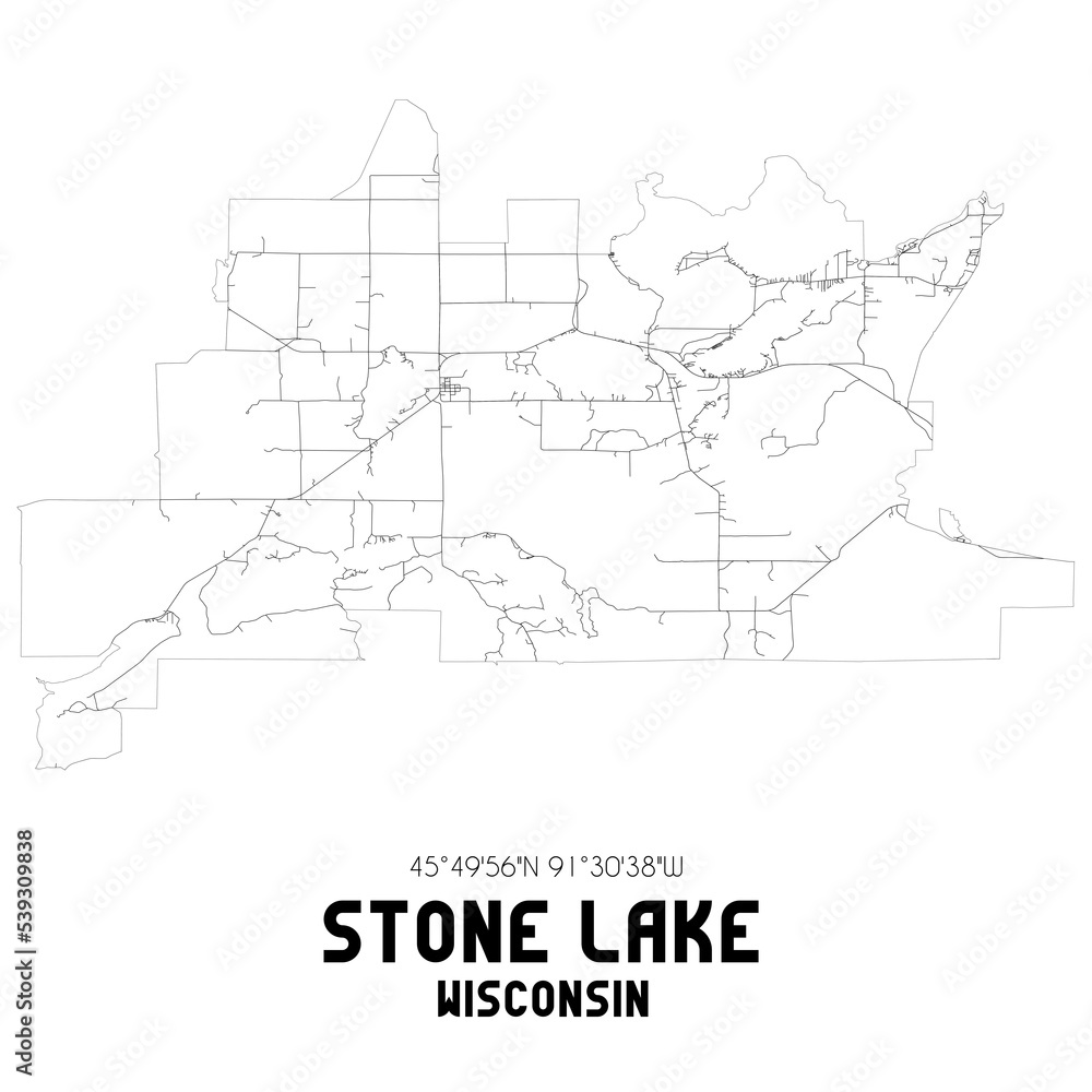 Stone Lake Wisconsin. US street map with black and white lines.