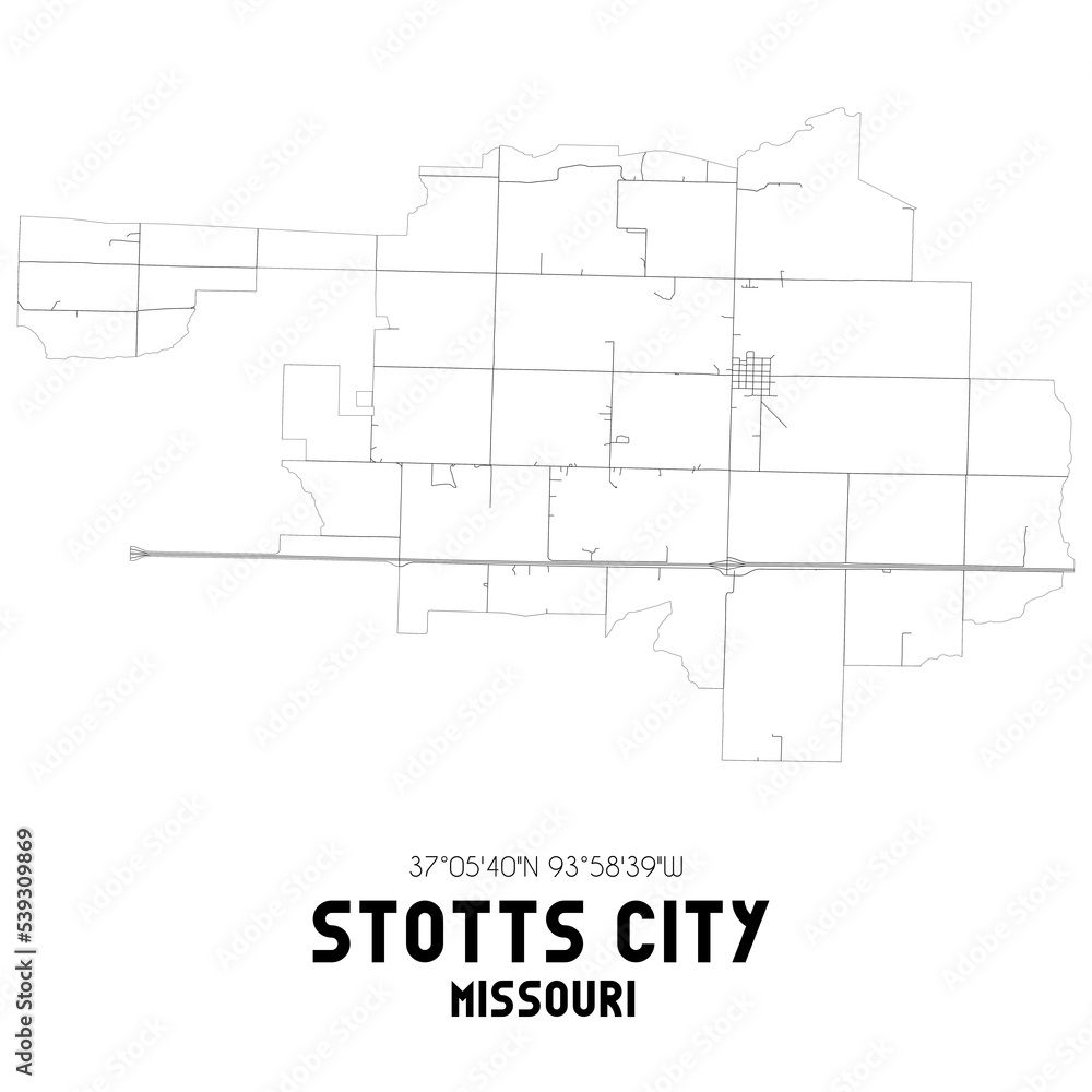 Stotts City Missouri. US street map with black and white lines.