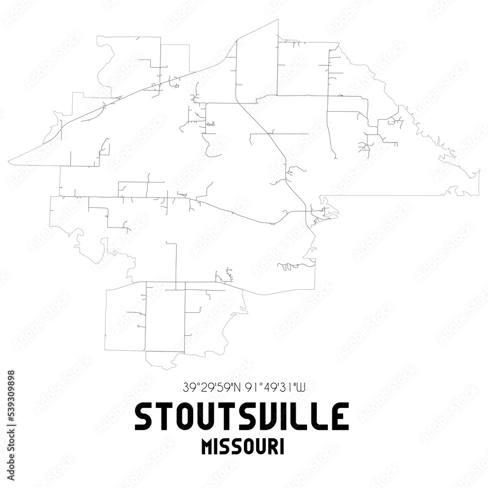 Stoutsville Missouri. US street map with black and white lines.