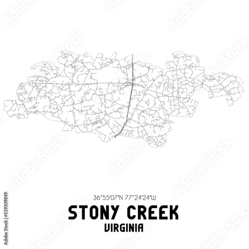 Stony Creek Virginia. US street map with black and white lines.