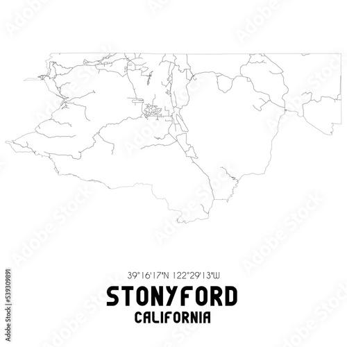 Stonyford California. US street map with black and white lines.