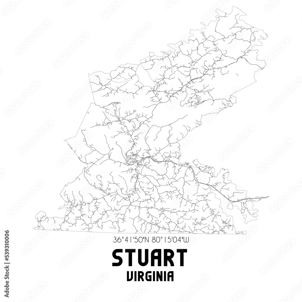 Stuart Virginia. US street map with black and white lines.