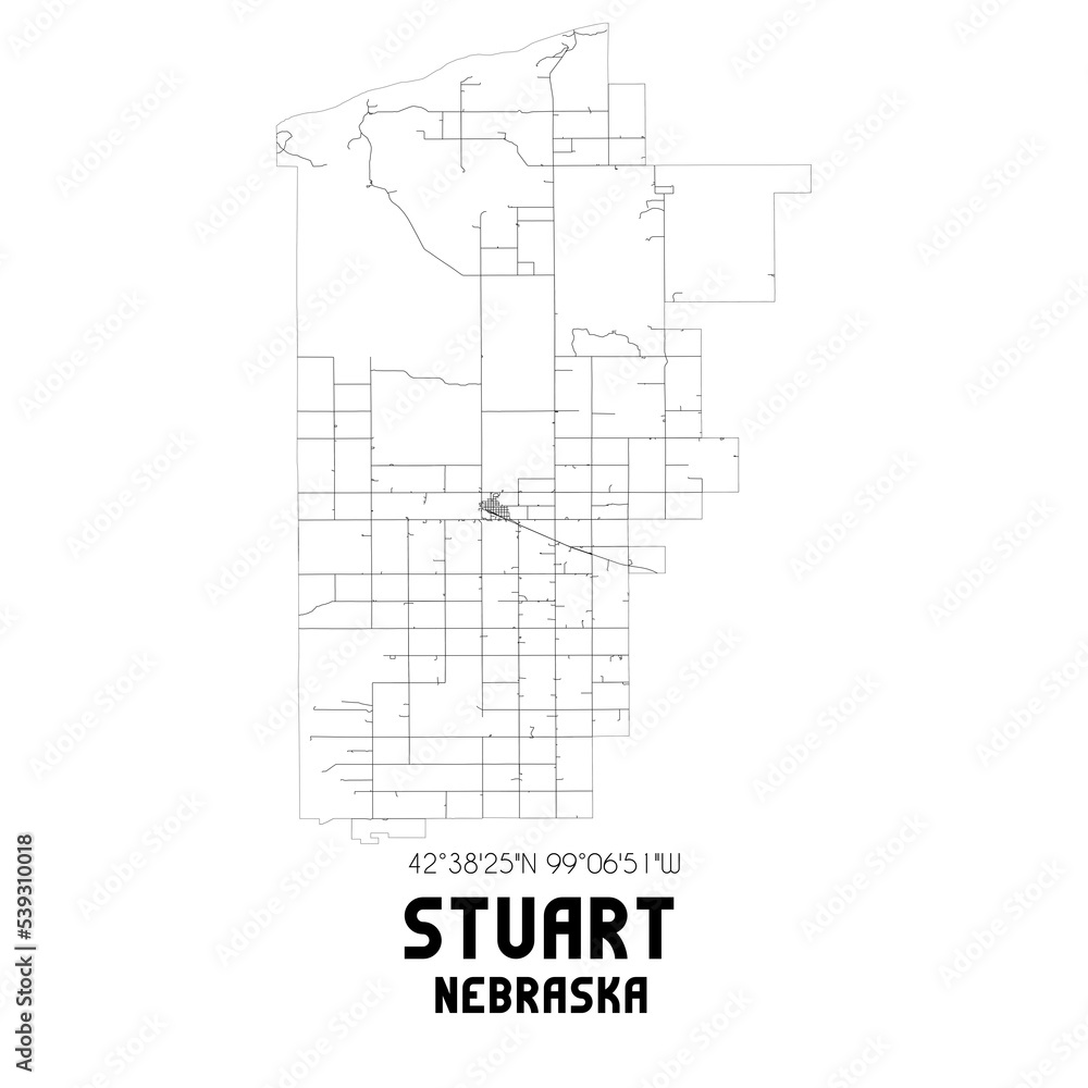 Stuart Nebraska. US street map with black and white lines.