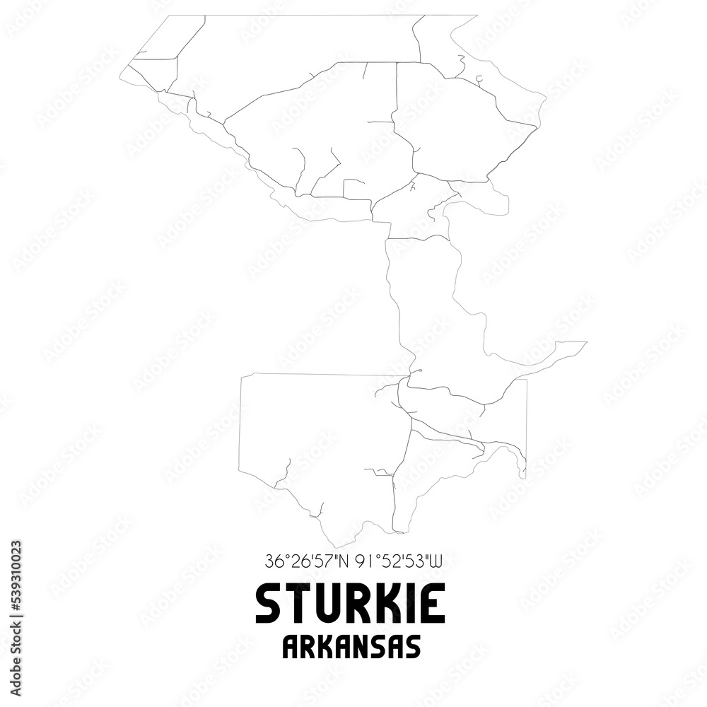 Sturkie Arkansas. US street map with black and white lines.