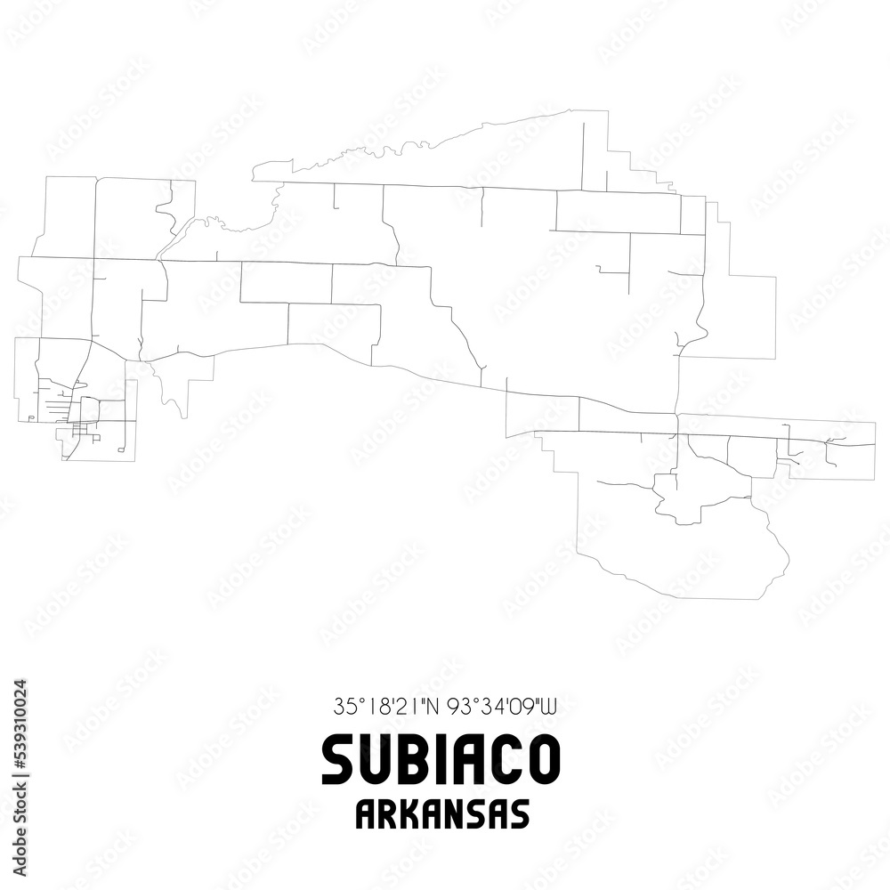 Subiaco Arkansas. US street map with black and white lines.
