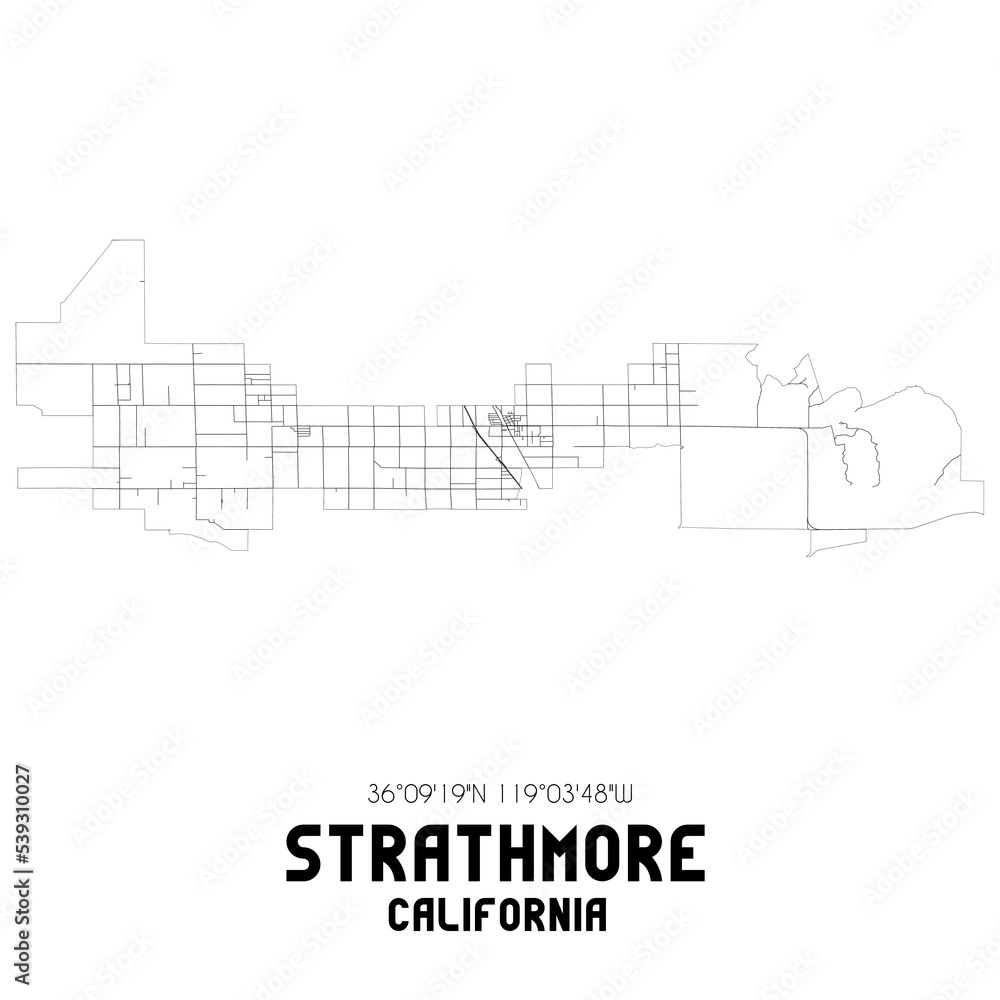 Strathmore California. US street map with black and white lines.