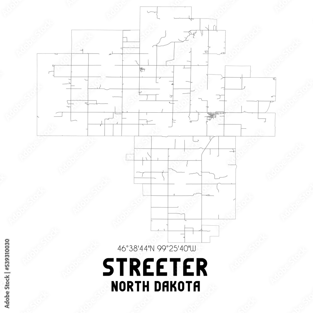 Streeter North Dakota. US street map with black and white lines.