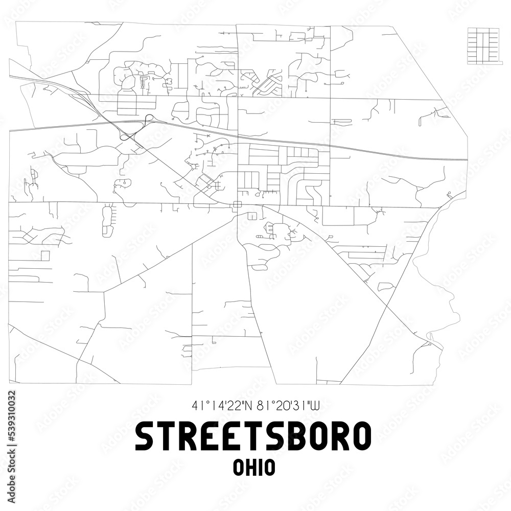 Streetsboro Ohio. US street map with black and white lines.