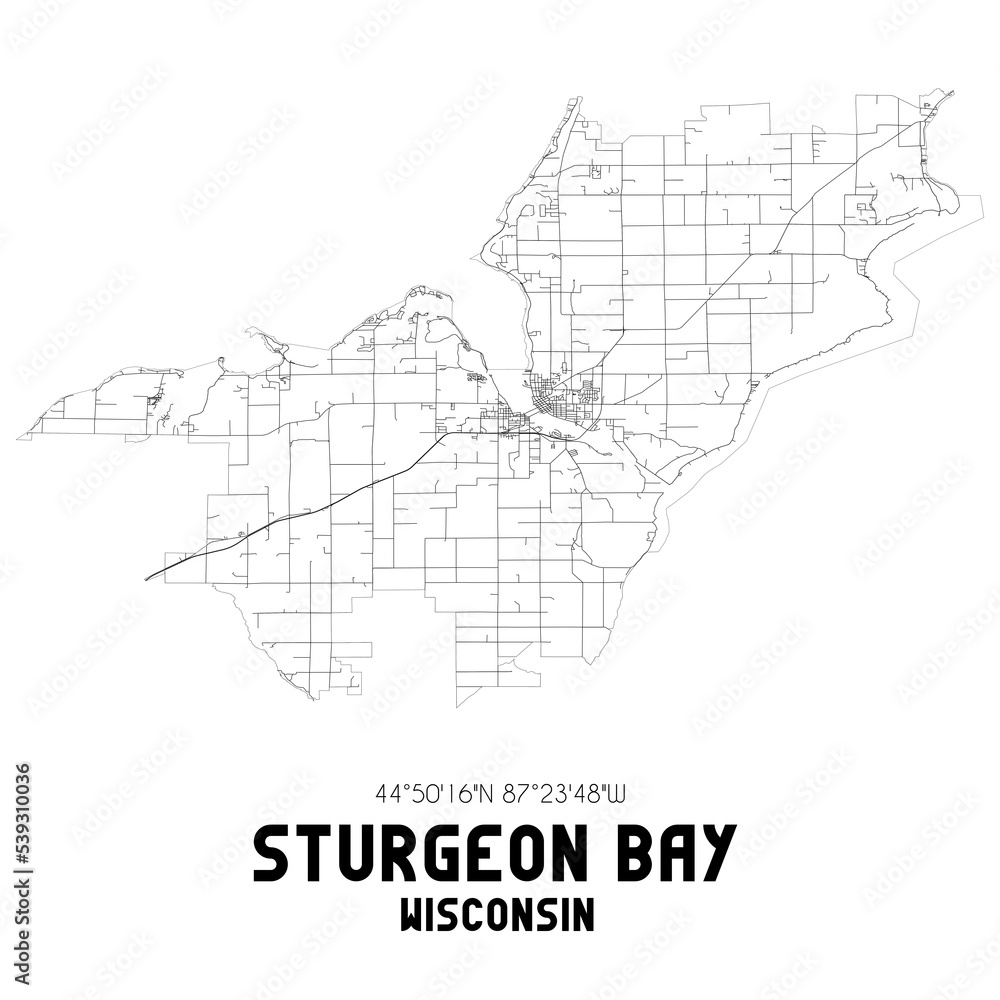 Sturgeon Bay Wisconsin. US street map with black and white lines.