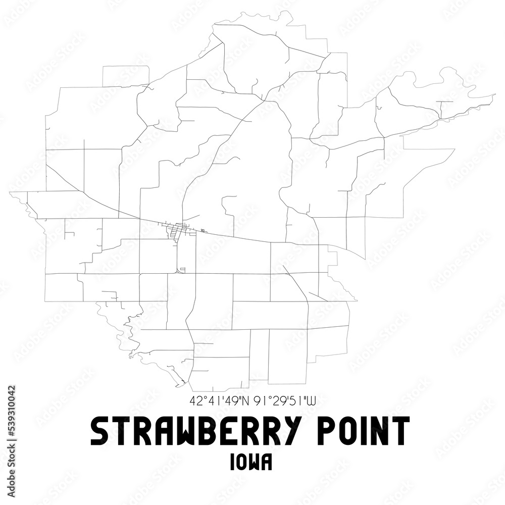 Strawberry Point Iowa. US street map with black and white lines.