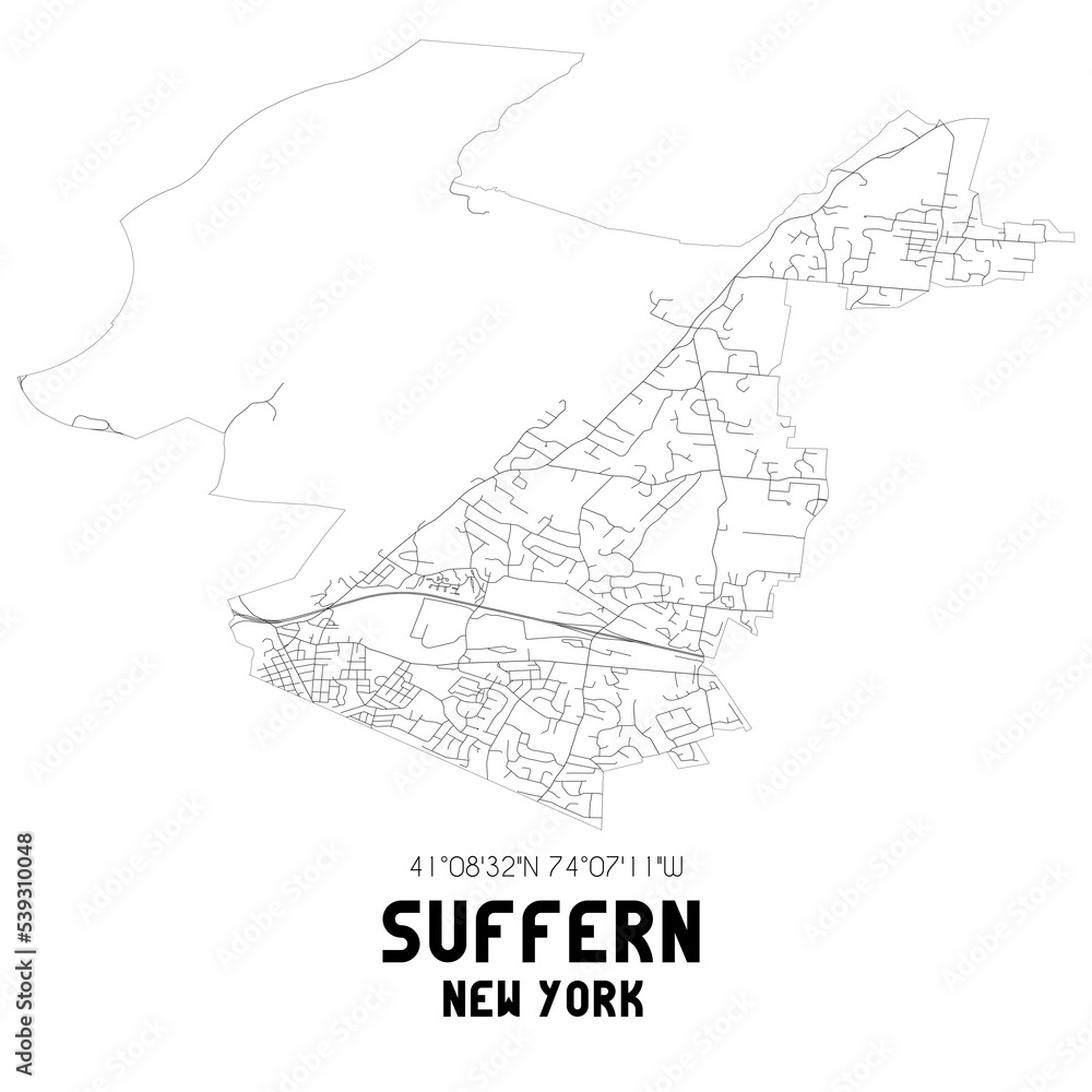 Suffern New York. US street map with black and white lines.