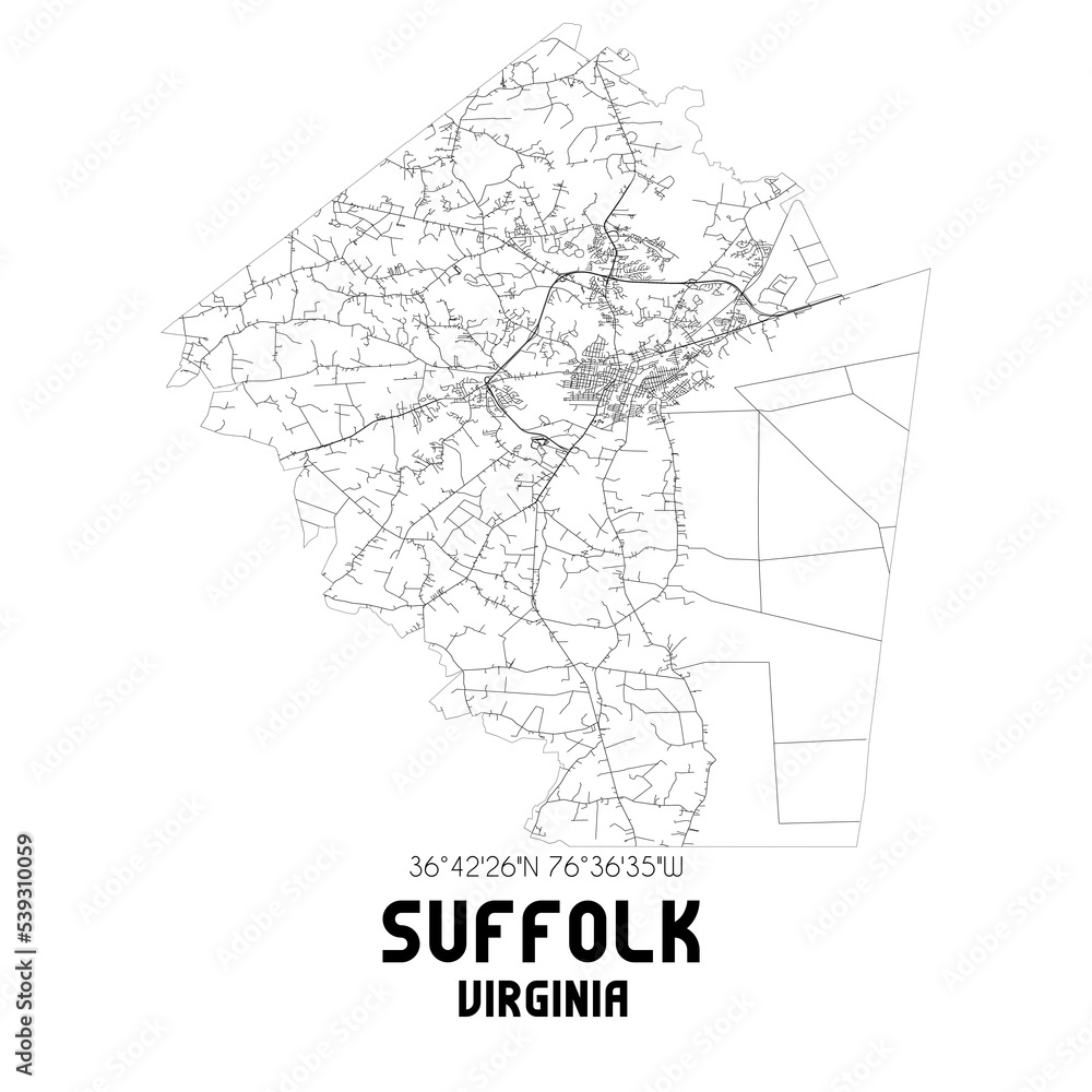 Suffolk Virginia. US street map with black and white lines.