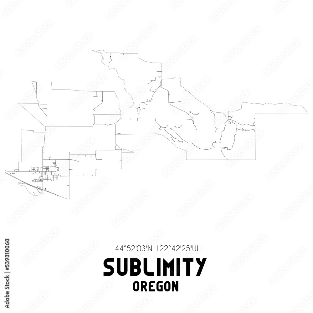 Sublimity Oregon. US street map with black and white lines.