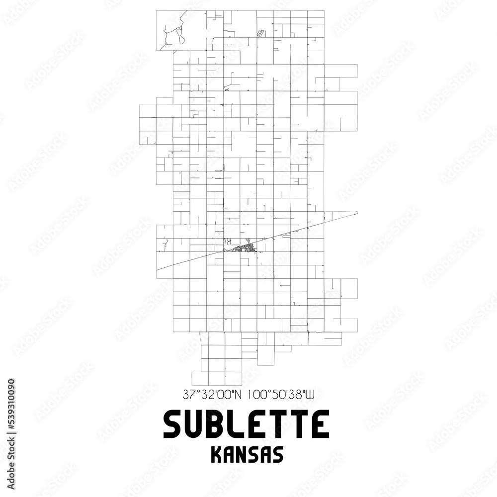 Sublette Kansas. US street map with black and white lines.