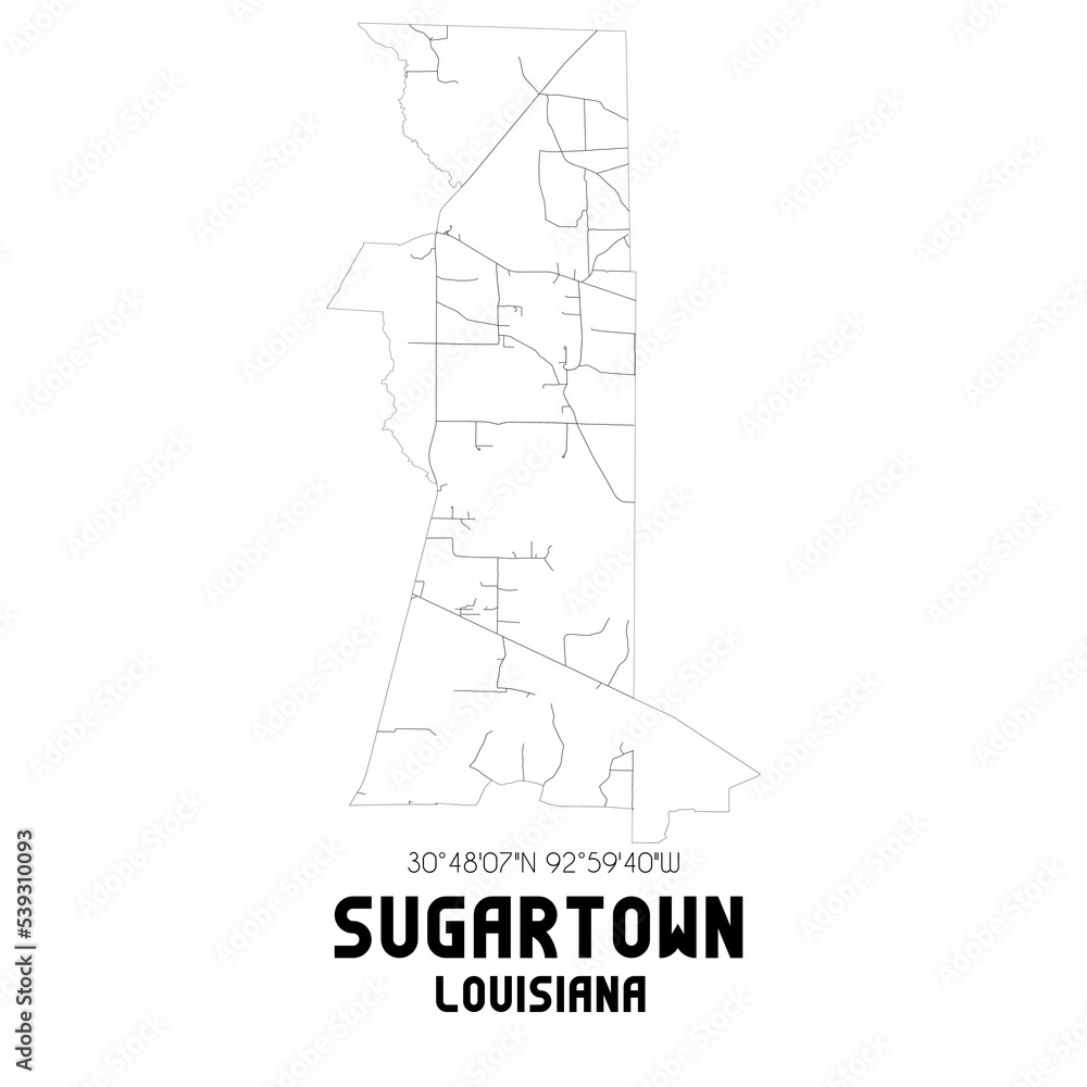 Sugartown Louisiana. US street map with black and white lines.