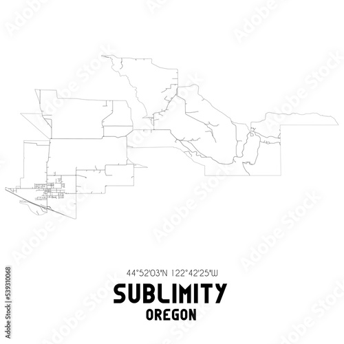 Sublimity Oregon. US street map with black and white lines.