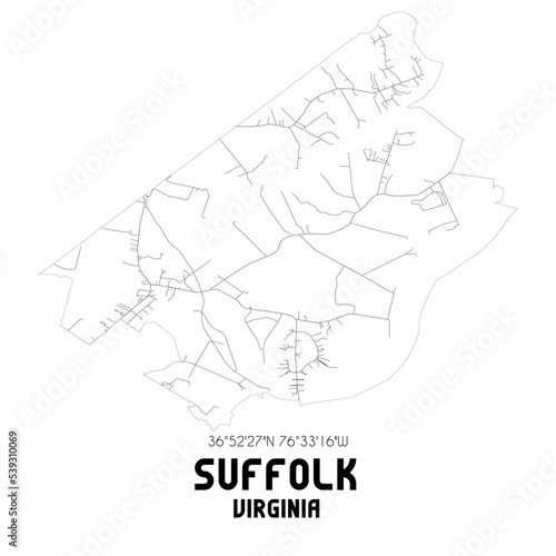 Suffolk Virginia. US street map with black and white lines.
