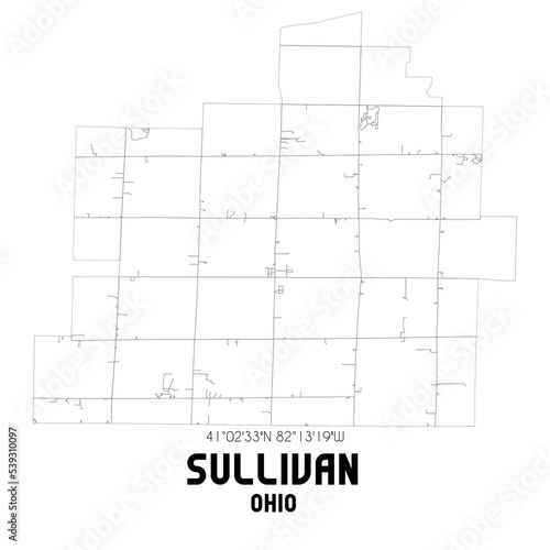 Sullivan Ohio. US street map with black and white lines.