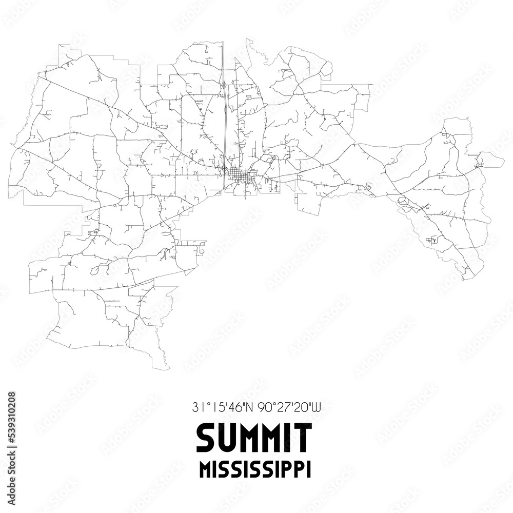 Summit Mississippi. US street map with black and white lines.