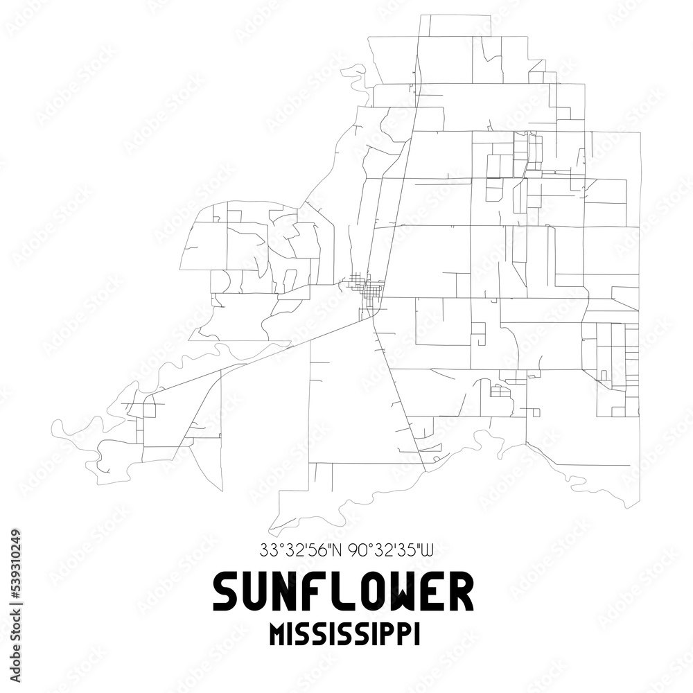 Sunflower Mississippi. US street map with black and white lines.