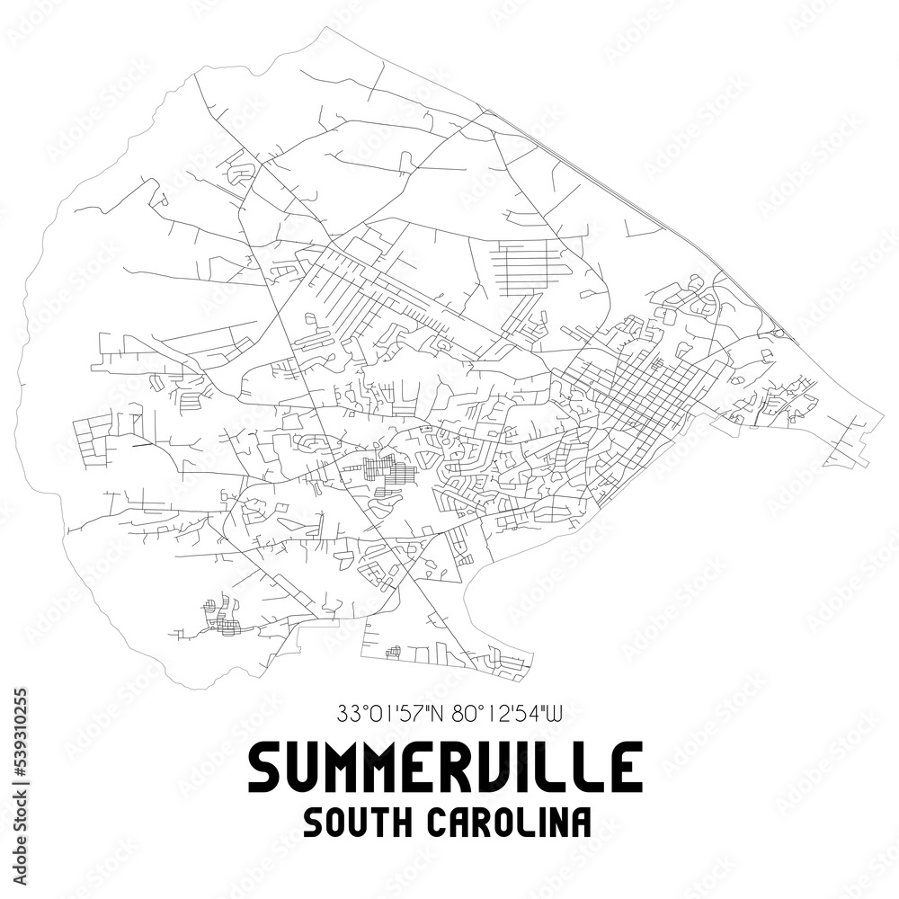 Summerville South Carolina. US street map with black and white lines.