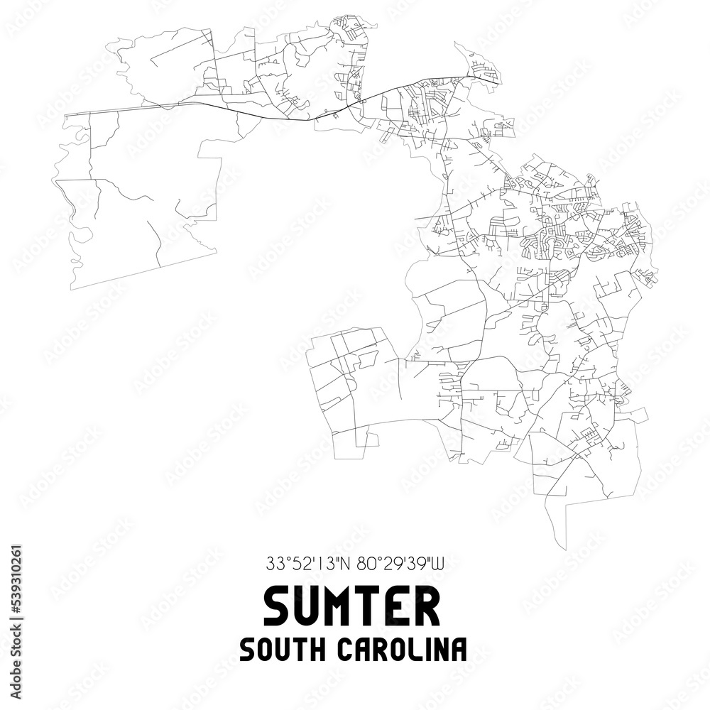Sumter South Carolina. US street map with black and white lines.