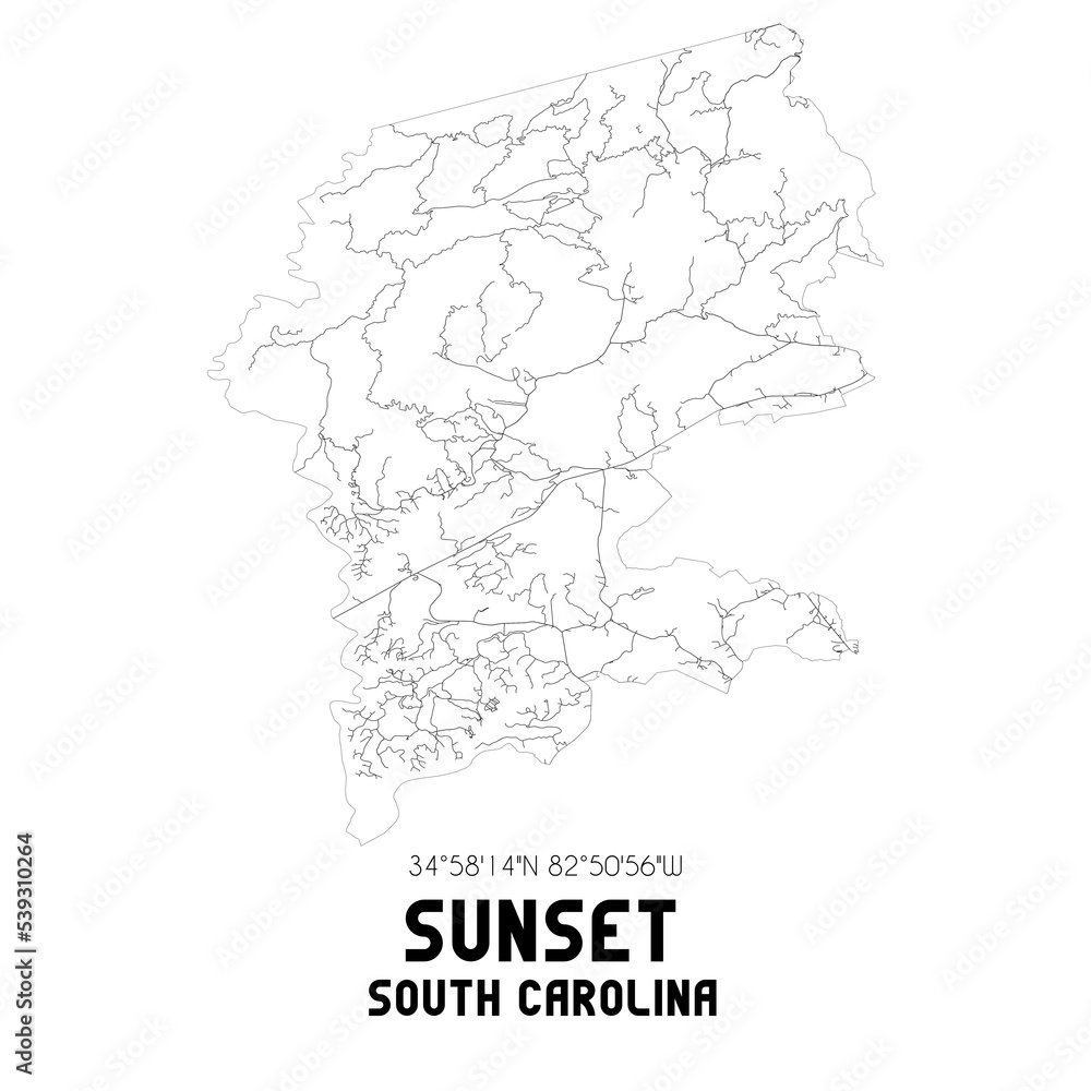 Sunset South Carolina. US street map with black and white lines.