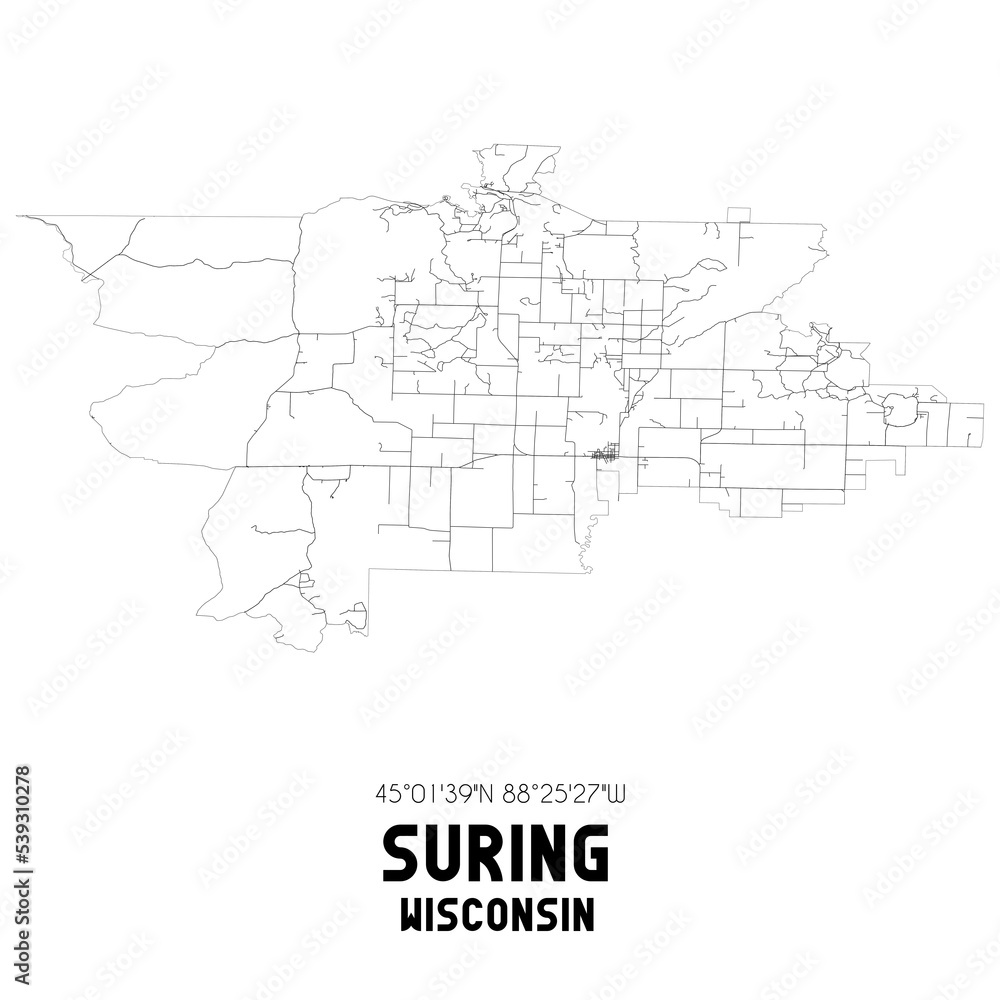 Suring Wisconsin. US street map with black and white lines. Stock