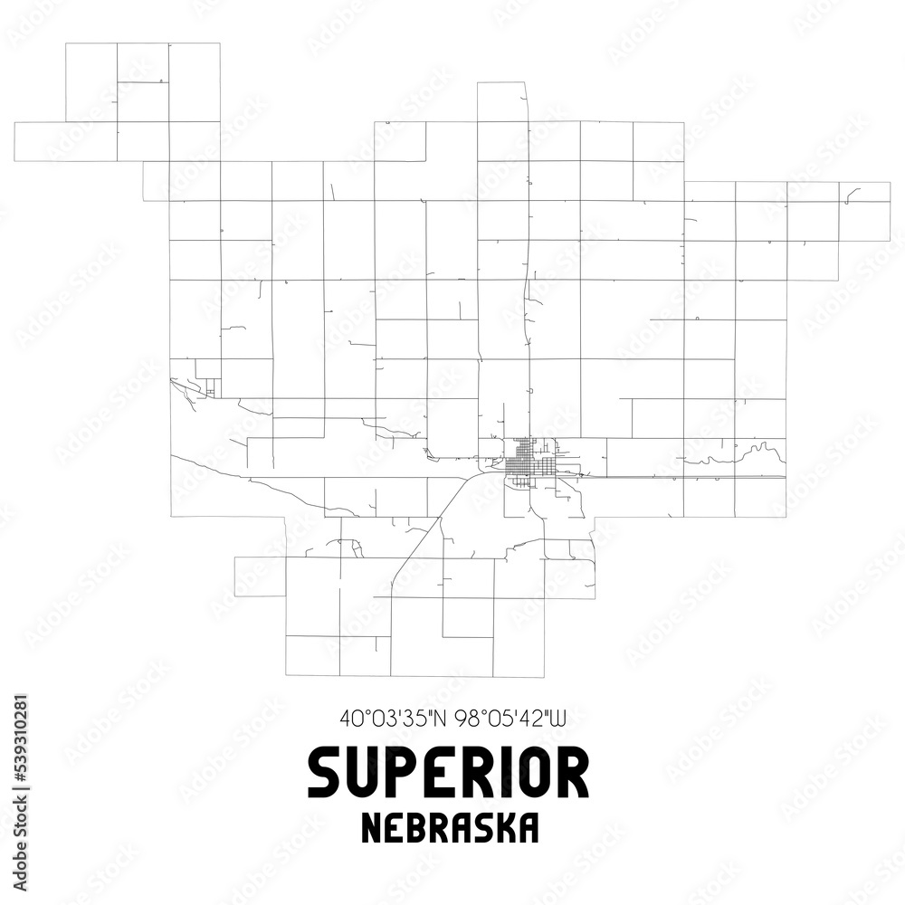 Superior Nebraska. US street map with black and white lines.