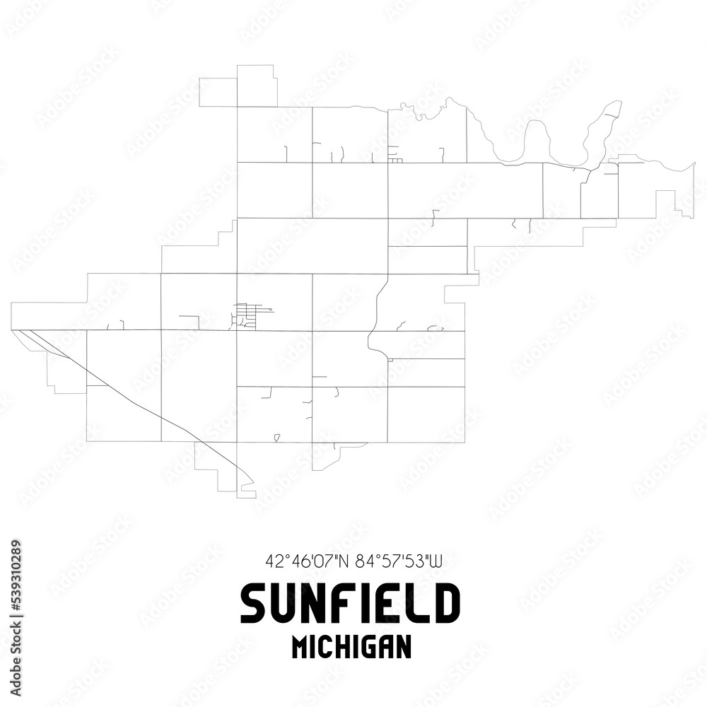 Sunfield Michigan. US street map with black and white lines.