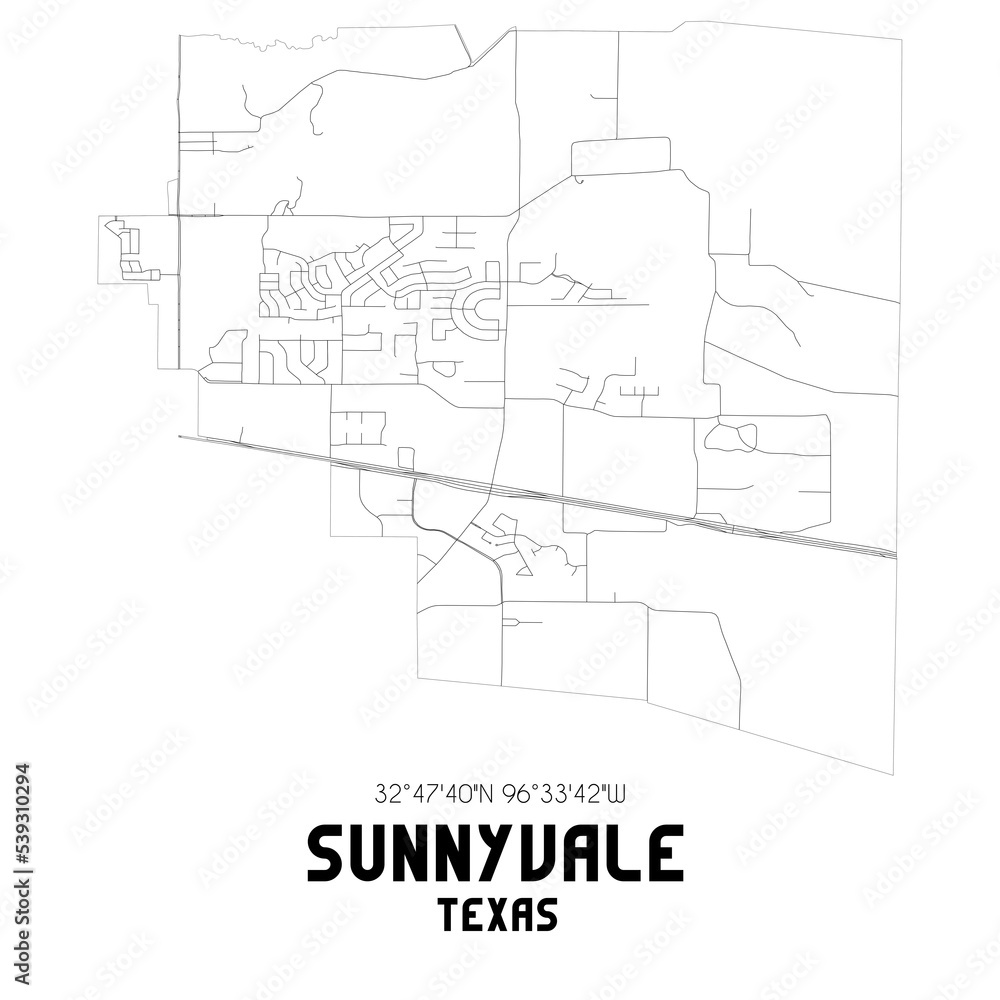 Sunnyvale Texas. US street map with black and white lines.