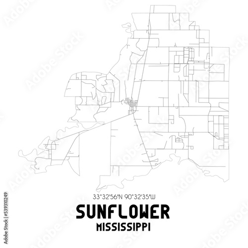 Sunflower Mississippi. US street map with black and white lines.