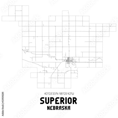 Superior Nebraska. US street map with black and white lines.