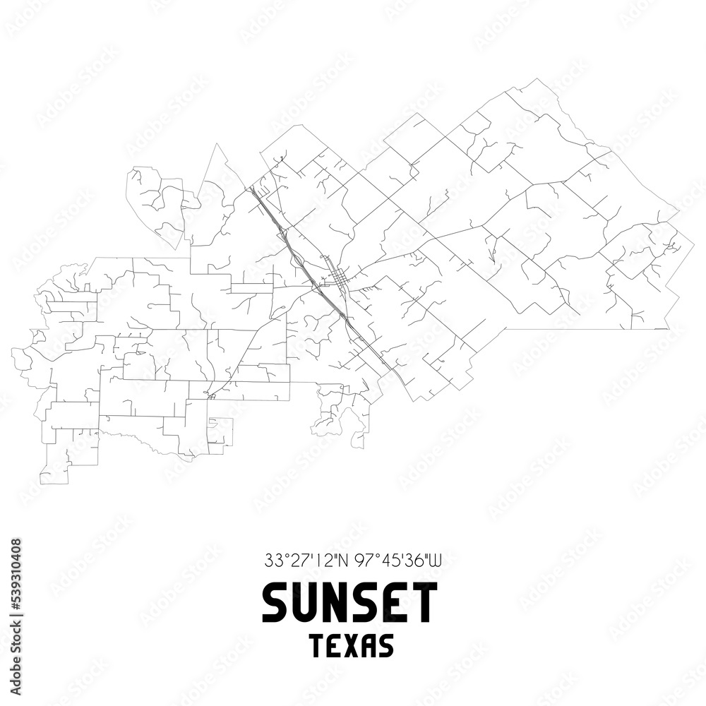 Sunset Texas. US street map with black and white lines.