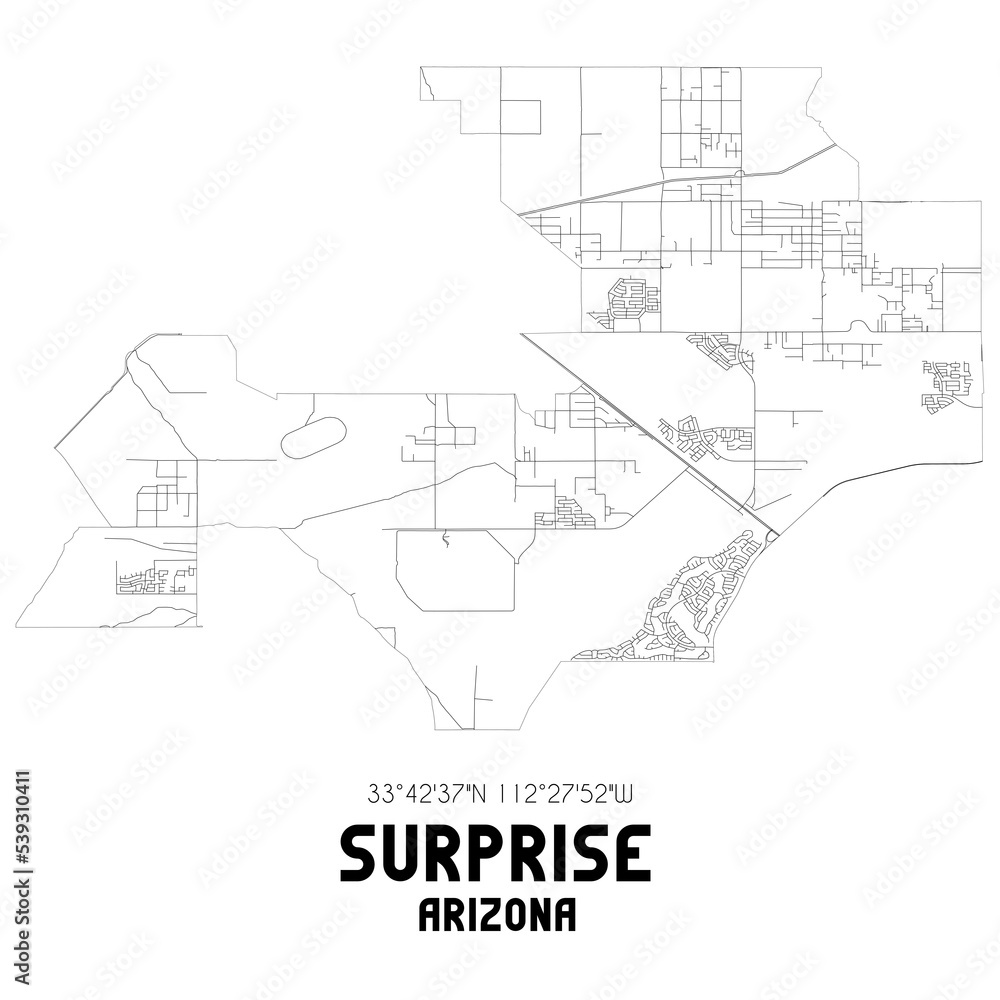 Surprise Arizona. US street map with black and white lines.