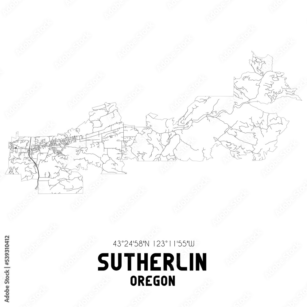 Sutherlin Oregon. US street map with black and white lines.
