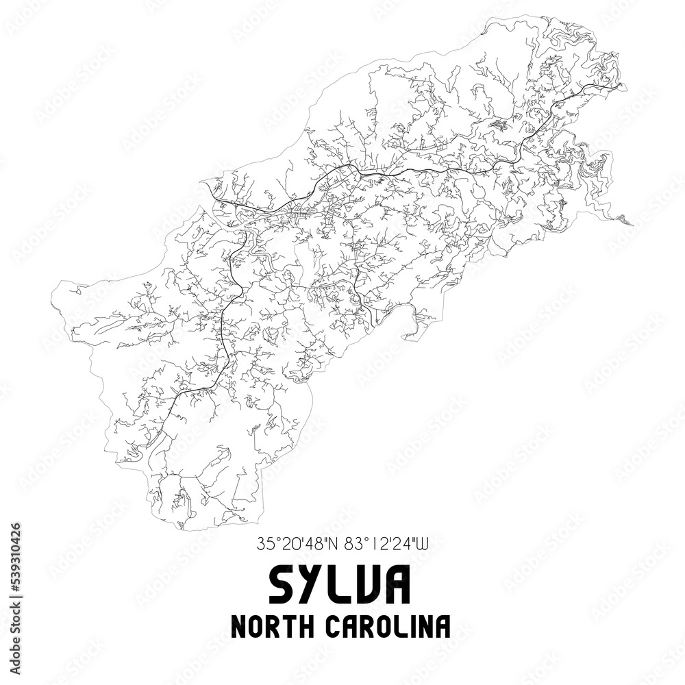 Sylva North Carolina. US street map with black and white lines.