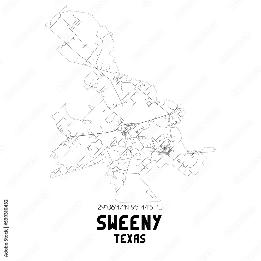 Sweeny Texas. US street map with black and white lines.
