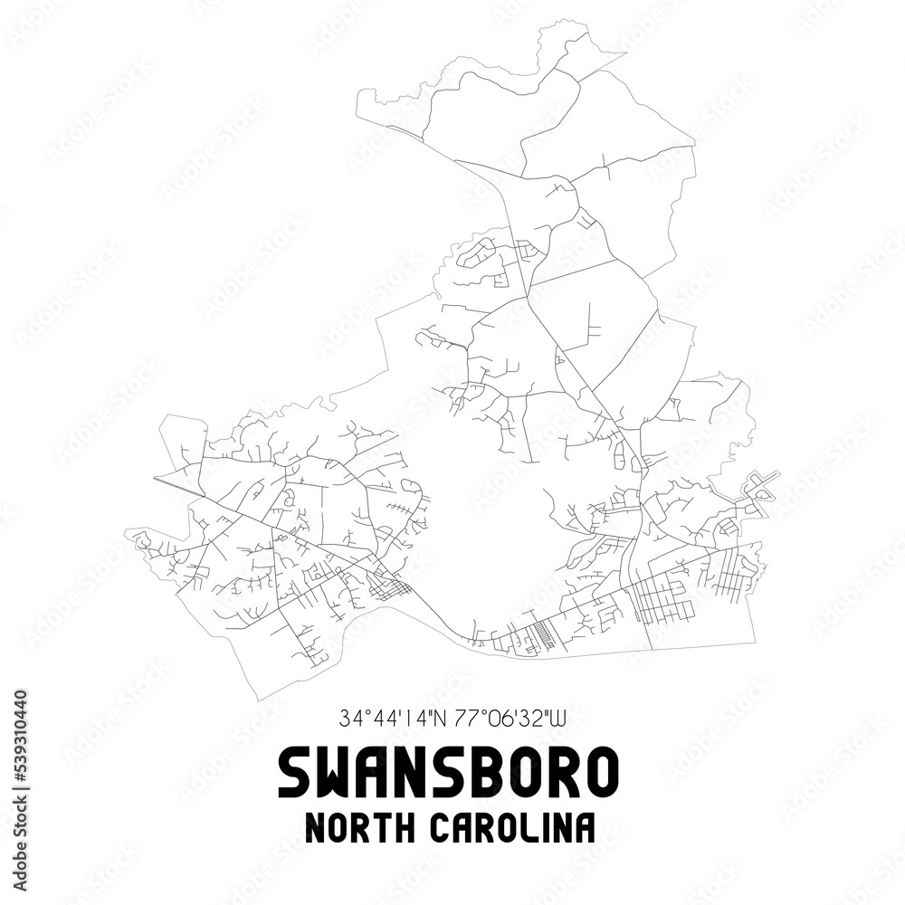 Swansboro North Carolina. US street map with black and white lines.